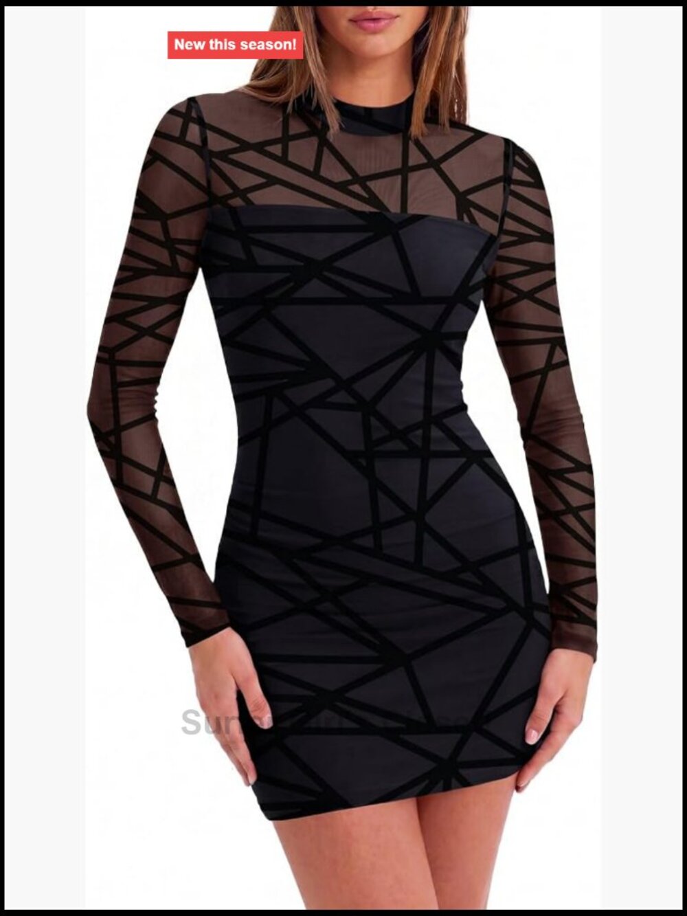 Sheer Mesh Long Sleeve Bodycon Mini Dress Mock Neck Ruched Petite Party